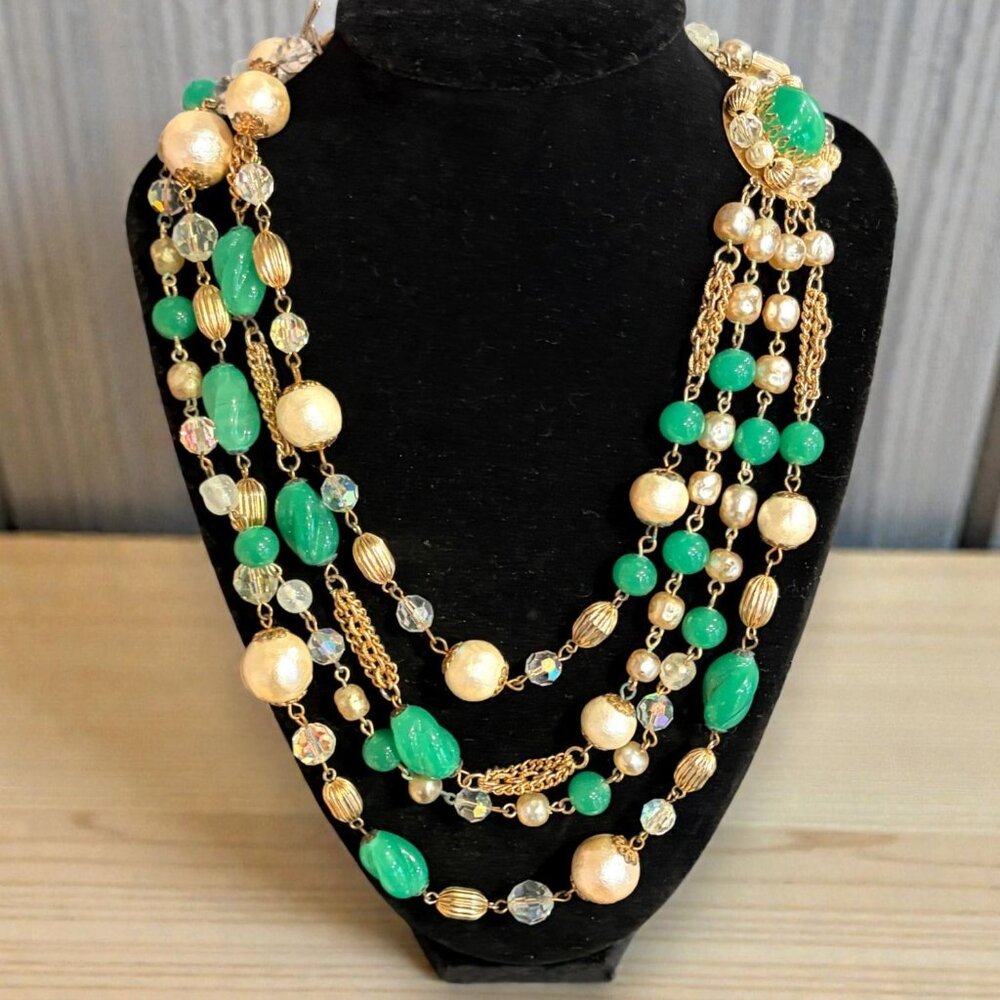 1950s Weiss-style Multi Strand Faux Jade Cotton Pearl Crystal Bead Bib Necklace